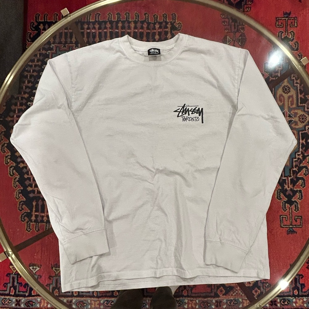 Stussy White Long Sleeve Tee with Black Logo